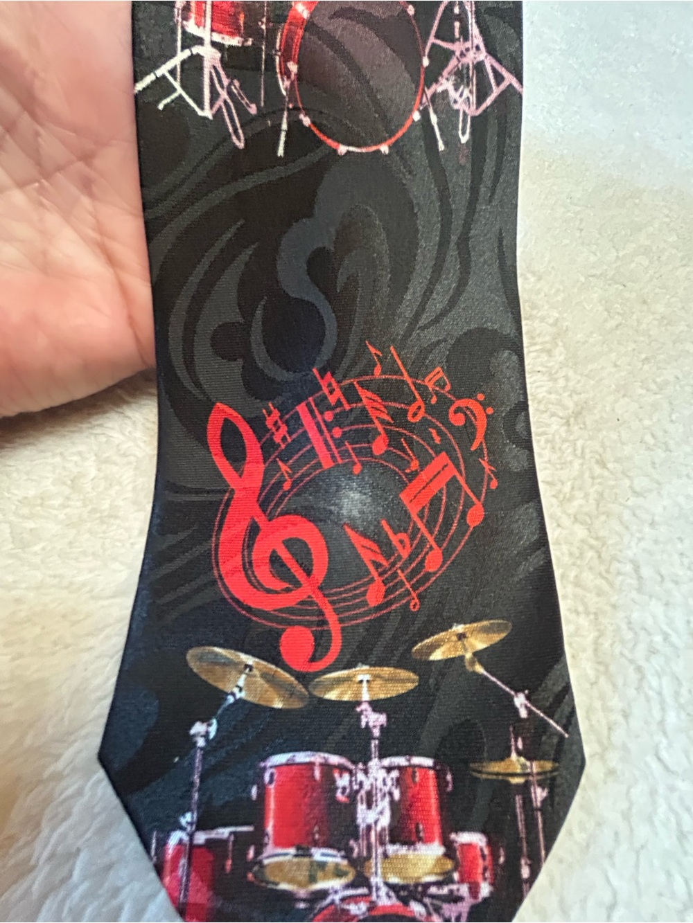 🎁3 for $30 - Black Tie with Red Musical Note and Drum Set Print